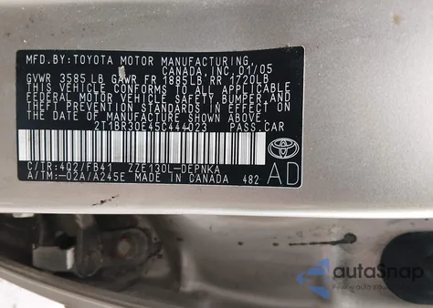 2005 Toyota Corolla Le from USA, damaged, VIN 2T1BR30E45C444023